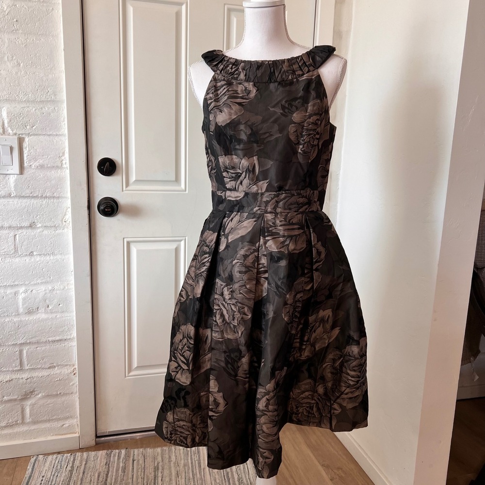 Dressbarn Collection Black Bronze Floral Jacquard Pleated Fit Flare Dress 8